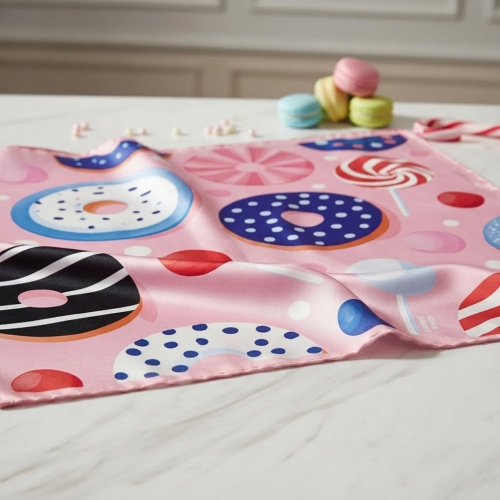 Apaszka jedwabna damska z jedwabiu chusta na głowę różowa słodycze Candies More Amore (1).jpg