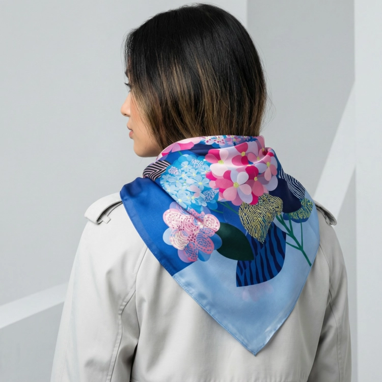 Jedwabna apaszka damska chusta na głowę Kwiaty Flowers niebieska blue More Amore (2)online.jpg
