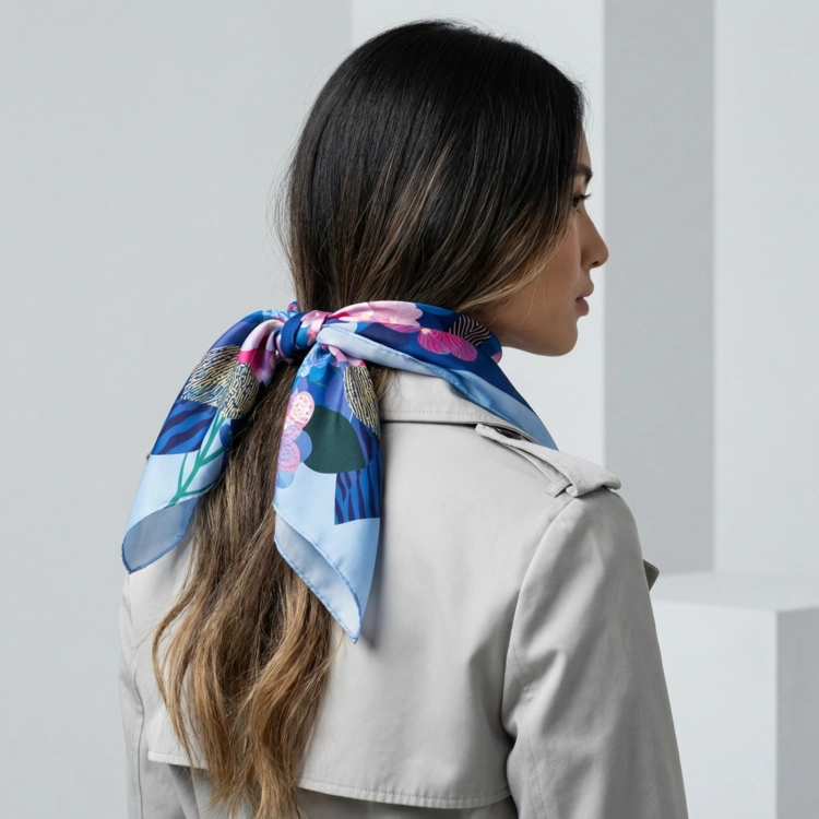 Jedwabna apaszka damska chusta na głowę Kwiaty Flowers niebieska blue More Amore (7)online.jpg
