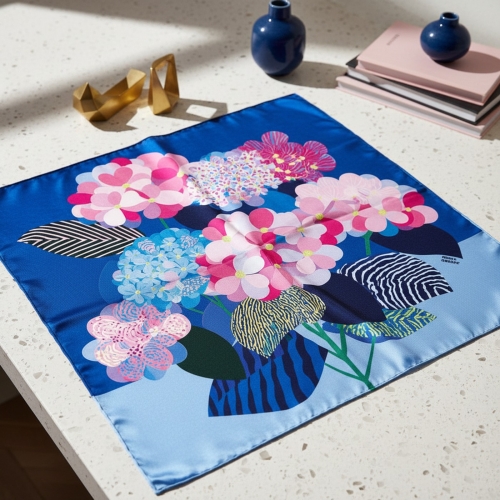Jedwabna apaszka damska chusta na głowę Kwiaty Flowers niebieska blue More Amore (9)online.jpg