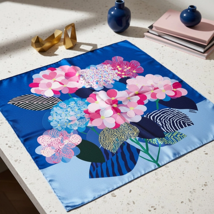 Jedwabna apaszka damska chusta na głowę Kwiaty Flowers niebieska blue More Amore (9)online.jpg