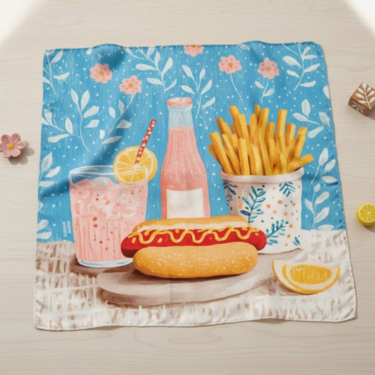 Jedwabna apaszka damska chusta na głowę niebieska cheat day fast food funny More Amore (3)online.jpg